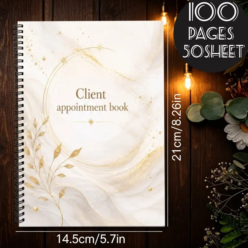 A5 Salon Appointment Book, Makeup Artist Appointment Tracker Elegant Gold Floral Marble Cover Client Everyday Schedule Organizer