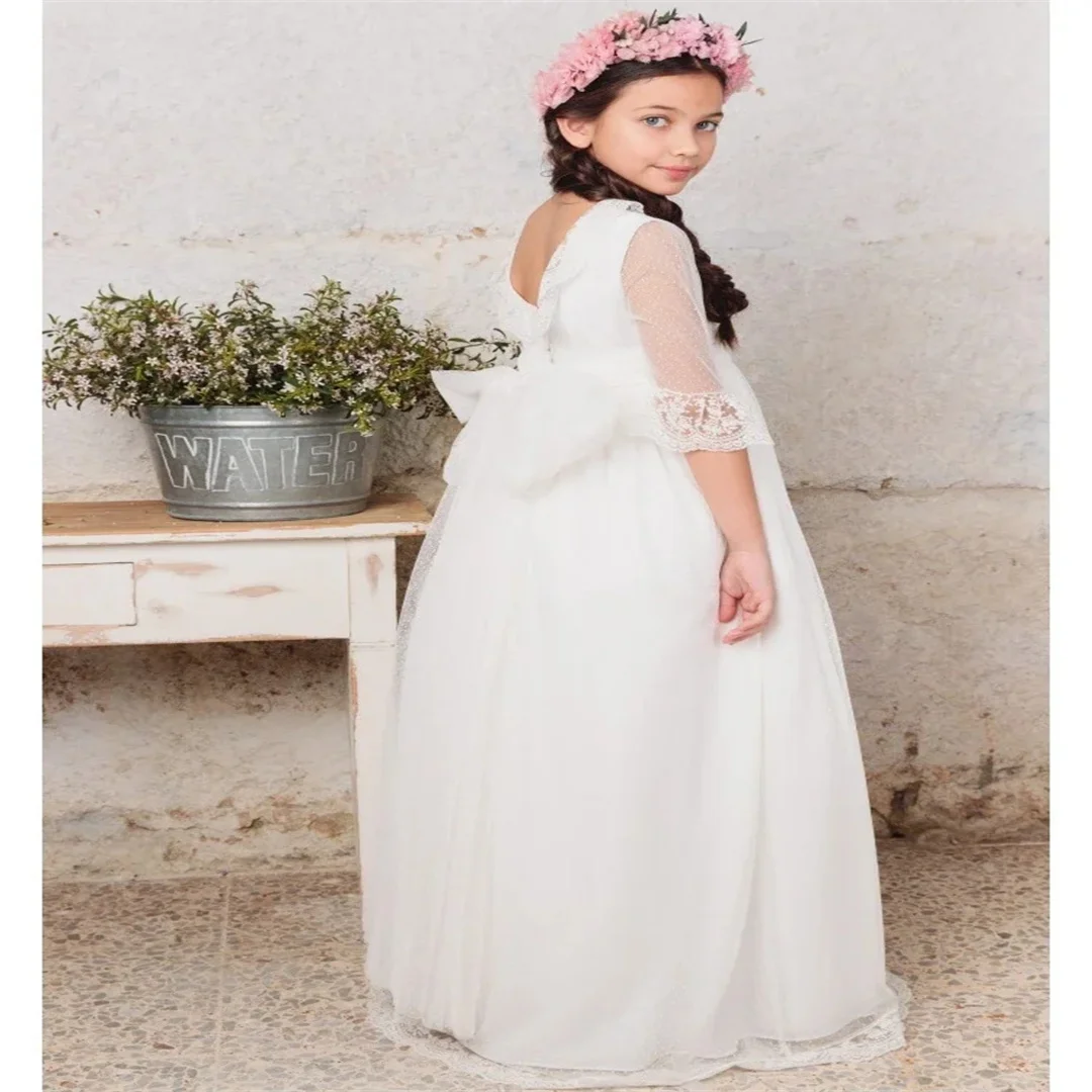 

With White Bow Half Sleeves For Wedding Birthday Holy Communion Banquet Princess Gowns Flower Girl Dresses White Lace Appliques