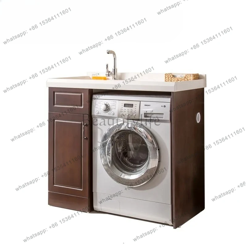 Balcony Integrated Basin with Washboard Washing Machine Cabinet Washing Machine Combination Solid Wood Cabinet