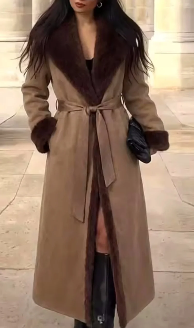 Guobioziy 2026 Women's New Faux Fur Effect Belted Coat Fashionable and Versatile Elegant and Graceful Casual and Simple