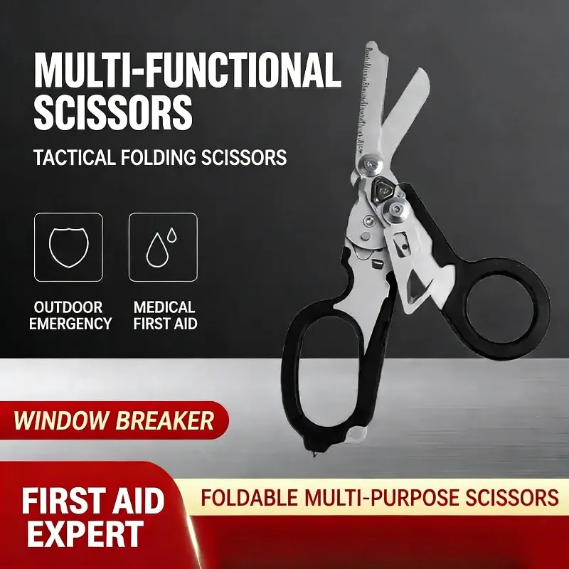 6-in-1 Scissors Multifunctional Emergency Rescue Shears with Strap Cutter Glass Breaker Outdoor Survival Emergency Response Tool