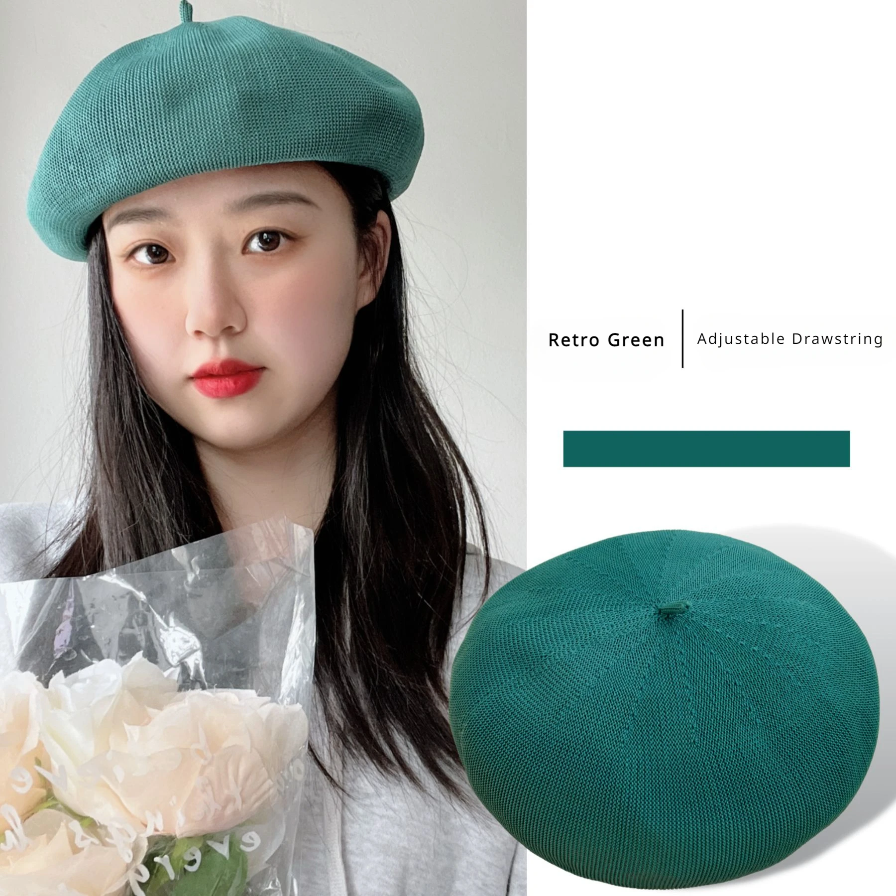 Summer Beret for Women Green Round Top Thin Ice Silk Drawstring Hat with No Brim Summer Retro Hat