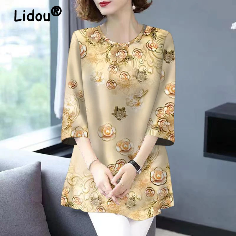 Women Clothing 2024 Summer Korean Fashion Floral Print Elegant Ice Silk T-shirt Ladies Casual O Neck 3/4 Sleeve Loose Tunic Tops