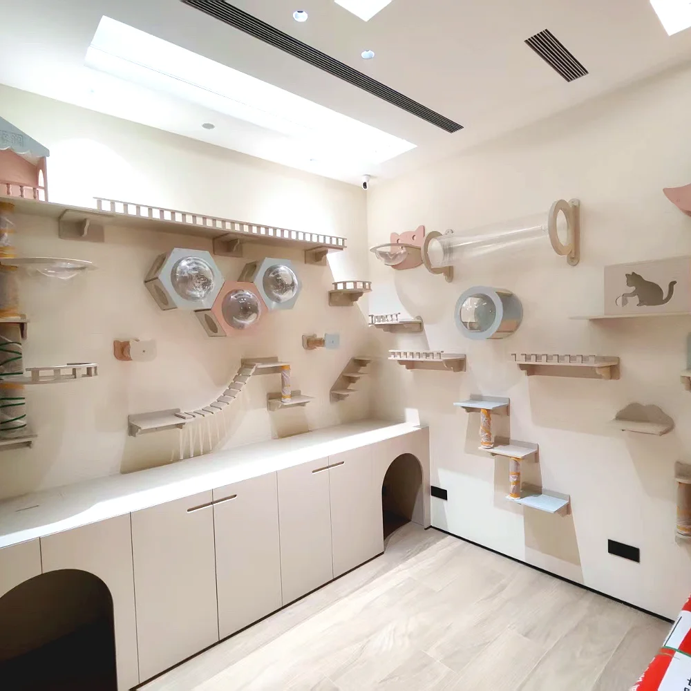 

Cat Wall Mounted Solid Wooden Climbing Shelves Cat Hammock Sisal Scratching Post and Ladder Indoor Activity Pet Furniture Toy