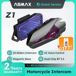 ASMAX Z1 Bluetooth Motorcycle Helmet Intercom 10 Riders Wireless Intercomunicador 1800M Communication BT5.3 IP67 Waterproof