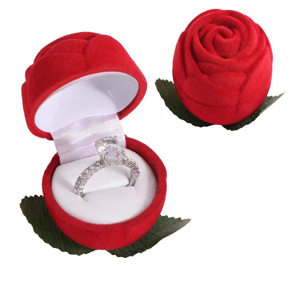 

Red Flower Stem Romantic Wedding Ring Holder Stud Earrings Storage Box Jewelry Box Solid Color Jewelry Packaging