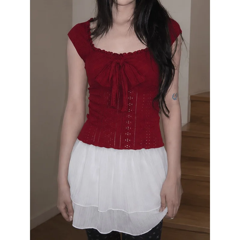 Jacquard Hollow-Out Vest Burgundy Desire Girly Bow Square Neck Sleeveless Top New