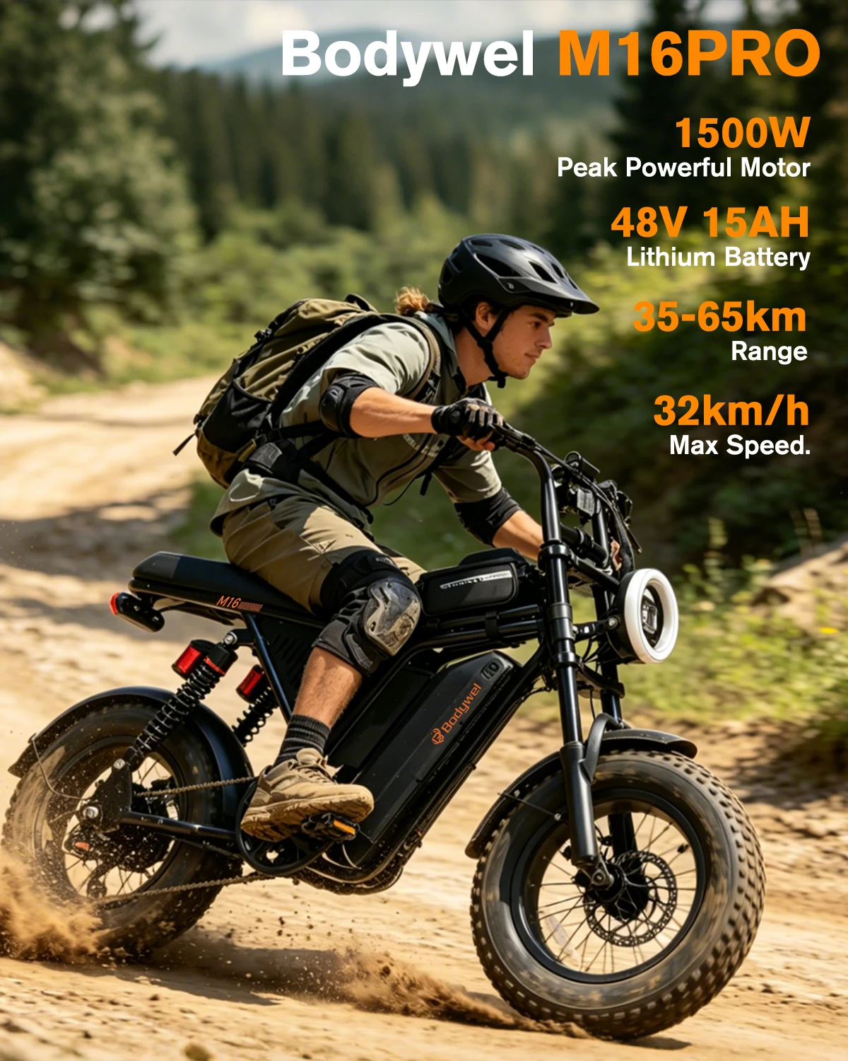 1500W peak Motor Bodywel M16 PRO Fat Tire Electric Bike, 48V 15.6Ah Removable Battery, 40 Mile Range,16