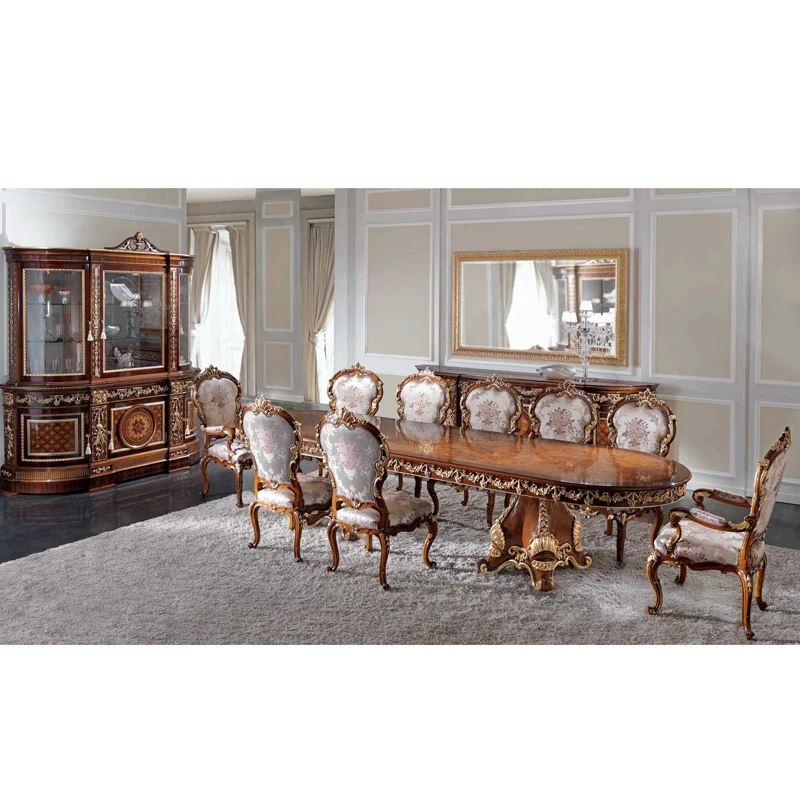 Luxury European Royal Style Hand Carved 10-Seater Oval Solid Wood Dining Table Set Hall Restaurant Furniture
