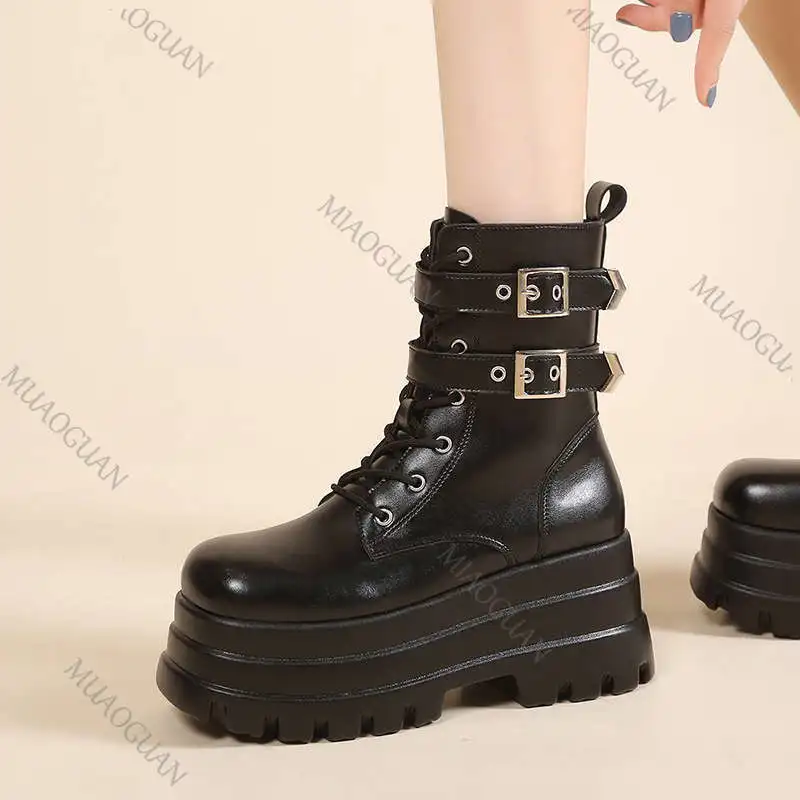 Botas de moto góticas Punk negras para mujer, botines de tacón alto grueso, botines con plataforma y hebilla de cinturón, zapatos femeninos