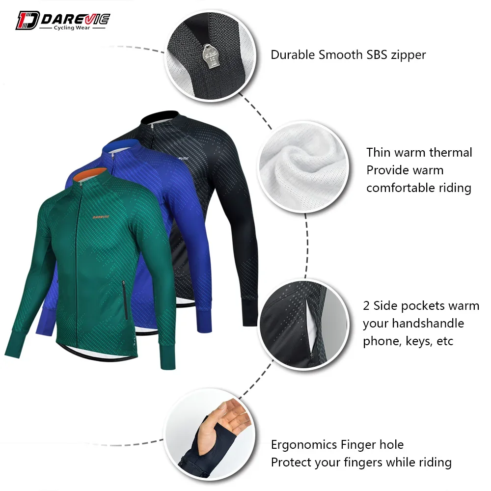 Darevie Long Sleeve Cycling Jersey Thin Plus Velvet   Thumb Hole Thermal Warm   MTB Road Spring Autumn