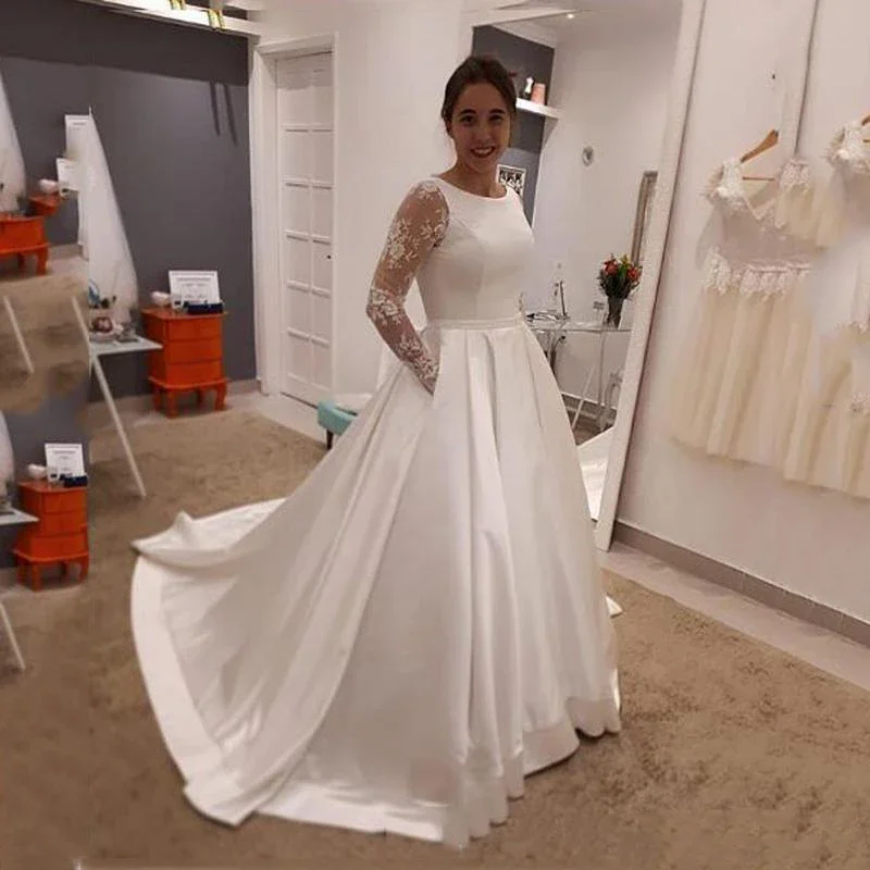 

MYYBLE Simple Elegant Satin Wedding Dresses Scoop Neck Illusion Long Sleeves Button Back Pockets Bride Dresses Robe De Mariee