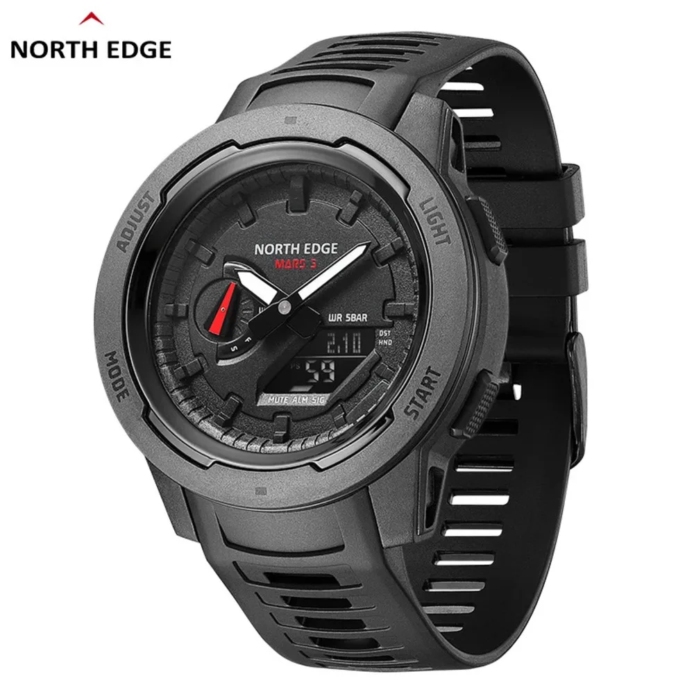 NORTH EDGE Watch MARS3 45MM Carbon Fiber Case Stopwatch Alarm Clock World Time Waterproof 50M Outdoor Sports Watch for Men Reloj