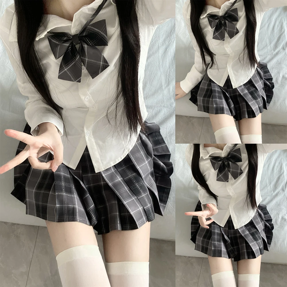 Japanese School Uniform Girl Jk Shirt 3Pc Set Various Styles Long&short Sleeve Plaid Pleated Skirt with Bow Graduation Costumes