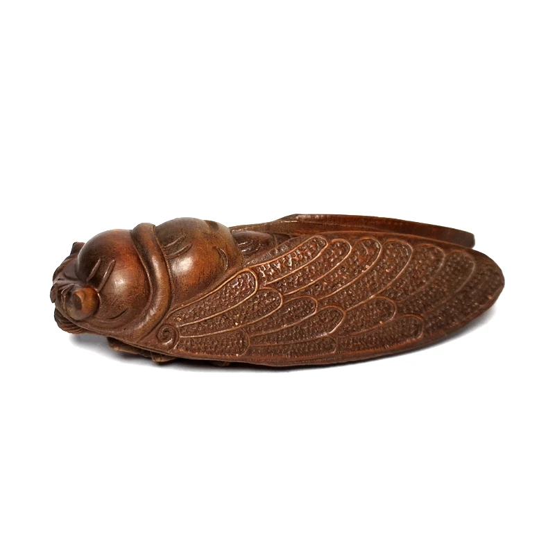 

1919 Antique art Size 3 Inch Old Chinese Boxwood Wood Hand Carved vivid Cicada Figure Statue Netsuke Ornament Gift Collection