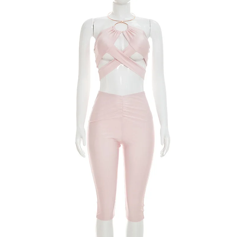 STYLISH LADY Metal O Ring Halter Cut Out 2 Piece Set Cross Wrap Crop Top Ruched High Waist Capri Pants Sexy Club Bodycon Outfits view 5