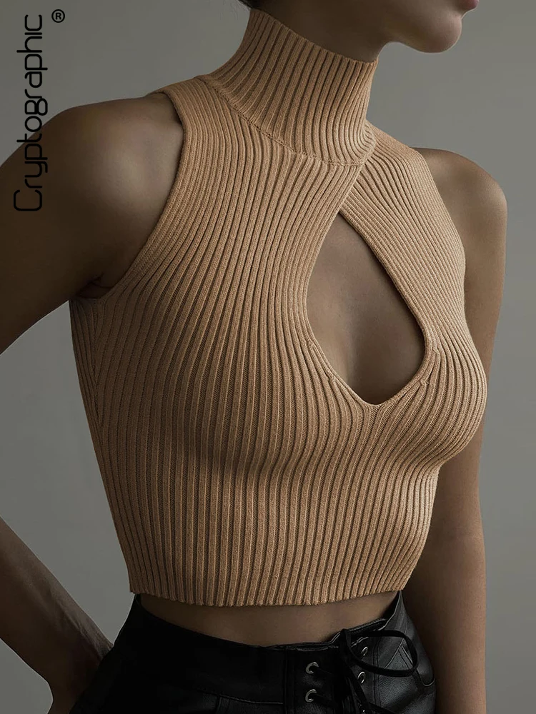 Cryptographic Elegant Sexy Cut Out Top for Women Fashion Sleeveless Knitted Short Tank Top Turtleneck Club Party Summer Clothes