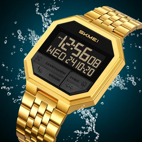 Imagen 2 del producto Relojes digitales Skmei 2350 con correa para hombre, luz LED, 50M, resistente al agua, moda deportiva, doble horario con despertador, acero de lujo