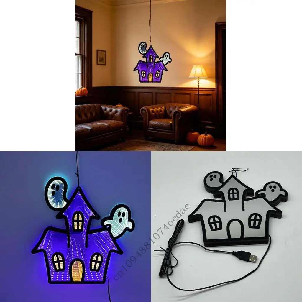 Halloween LED Tunnel Light USB Powered Hanging Decor With Mirror Depth Effect for Wall Door Window Party Display, Acrylic