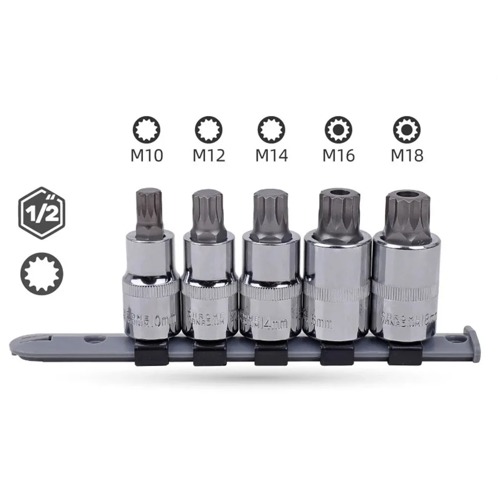 

5pcs 1 2 Inch Torx Star Socket Wrench Bits Non-slip Card Slot Stainless Steel Screwdrivers Bit Hand Tool Set M10 M14