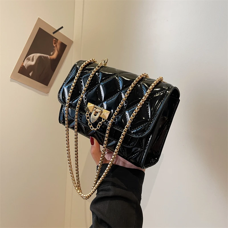 PU Leather Female Bags Glossy Diamond Lattice Chains Shoulder Strap Designer Luxury Bag Unique Latch Solid Color women's Handbag