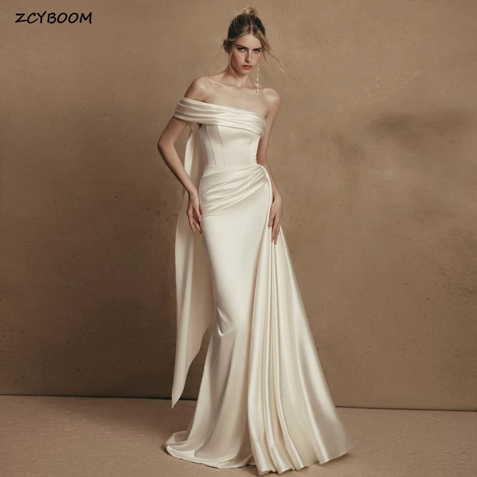 Vestidos de novia elegantes personalizados con hombros descubiertos, color champán, sirena bohemia, sin mangas, largo hasta el suelo, satén, cremallera, 2024