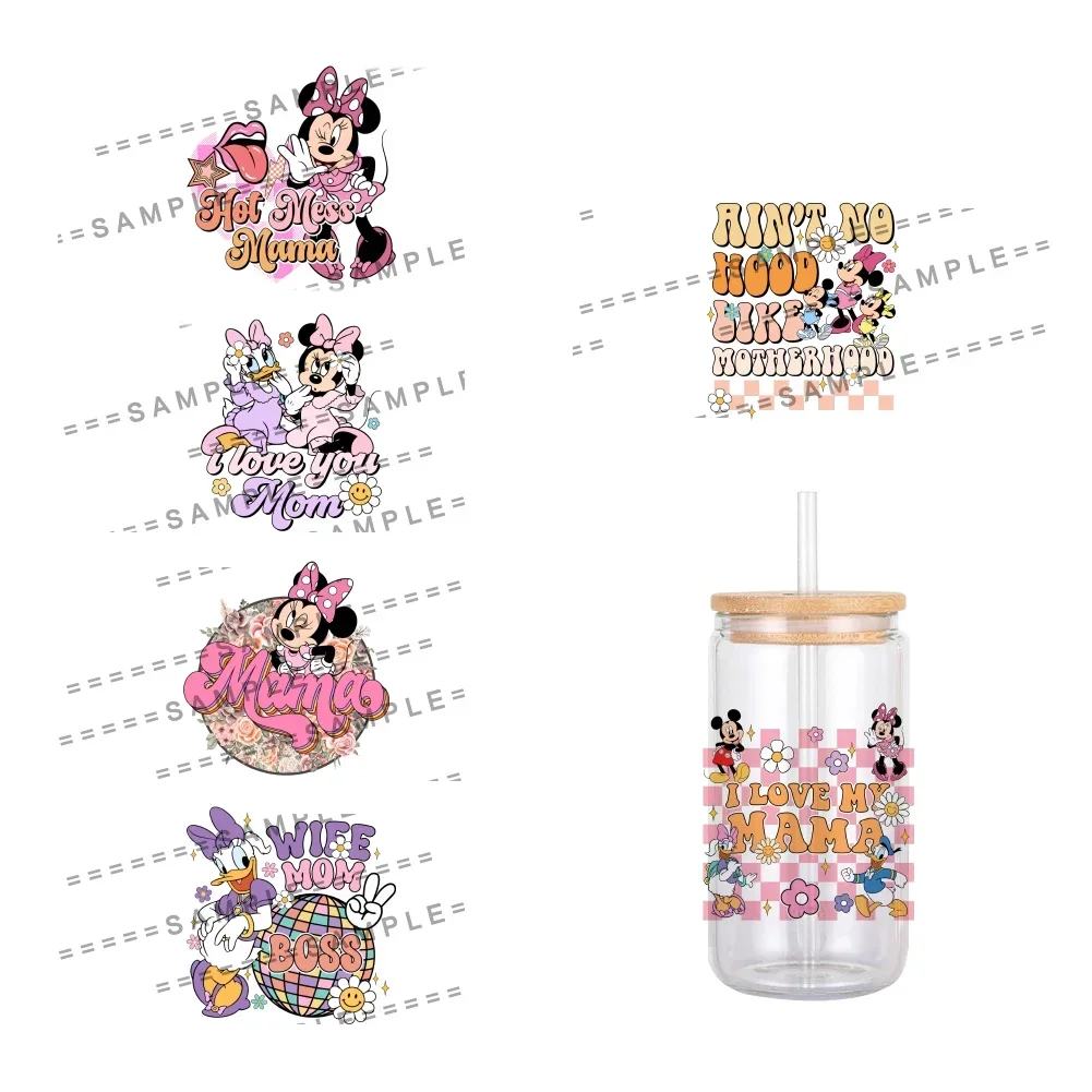 Disney Mickey Mom Pattern UV DTF Transfer Sticker Waterproof Transfers Decals For 16oz Glass Cup Wrap Stickers 11x11cm