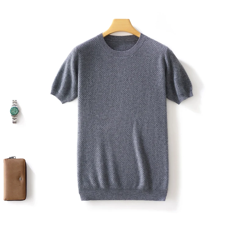 Spring Summer Men Short Sleeved 100% Wool Sweater Round Collar Cellular Grid Tees Pullover Knitted Clothing Casual Tops T-shirt