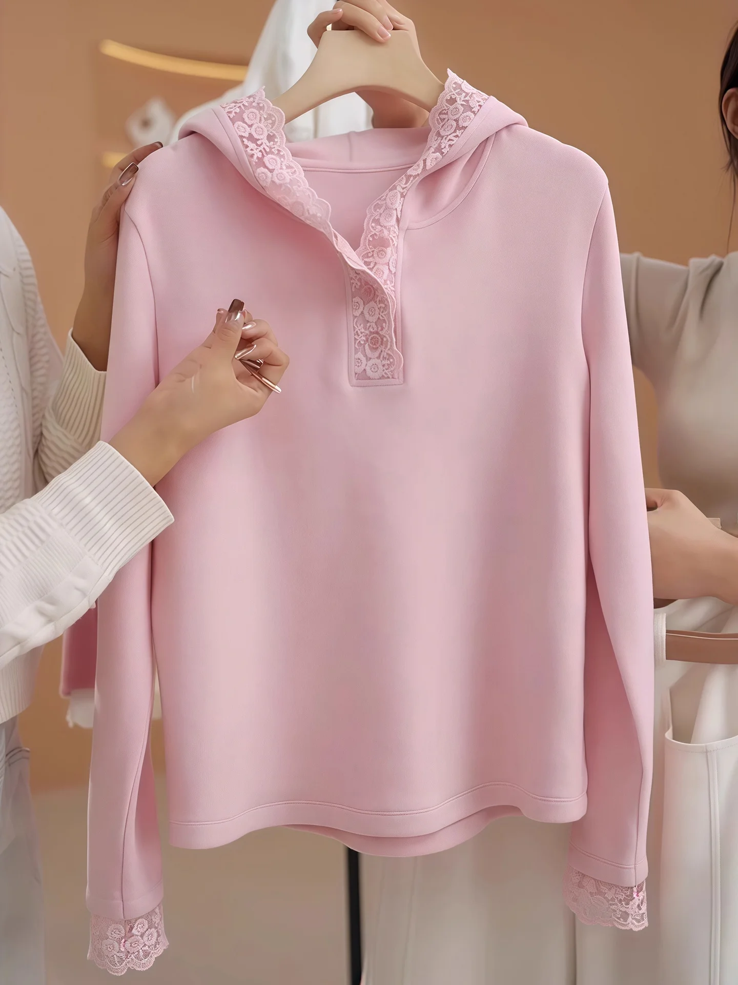 Pure Cotton Lace Patchwork Hoodie T-Shirt Women's Spring Autumn New Style Slimming Long Sleeve Top Korean Style Commute Wind