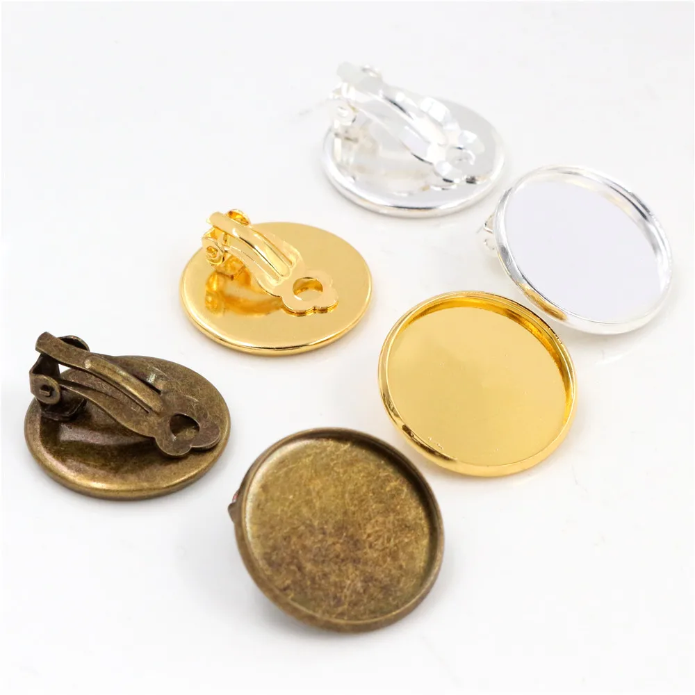 20mm 10 sztuk materiał miedziany klipsy do uszu jasny srebrny brązu platerowane, kolczyki puste, Fit 20mm szkło Cabochons, kolczyk ustawienie
