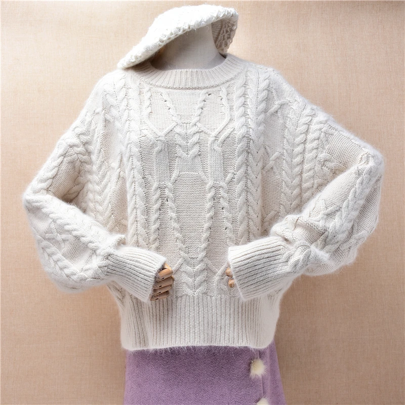 

Ladies Women Autumn Winter Crochet Top Beige Hairy Angora Rabbit Hair Knitted O-Neck Long Batwing Sleeves Loose Pullover Sweater