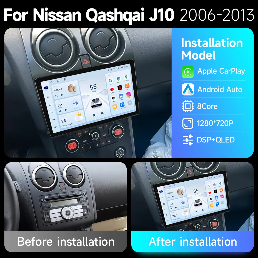 2din سيارة الوسائط المتعددة نظام تحديد المواقع لاعب لنيسان قاشقاي J10 2006 2007 2008-2013 أندرويد 15 اللاسلكية CarPlay أندرويد السيارات 4G AI صوت