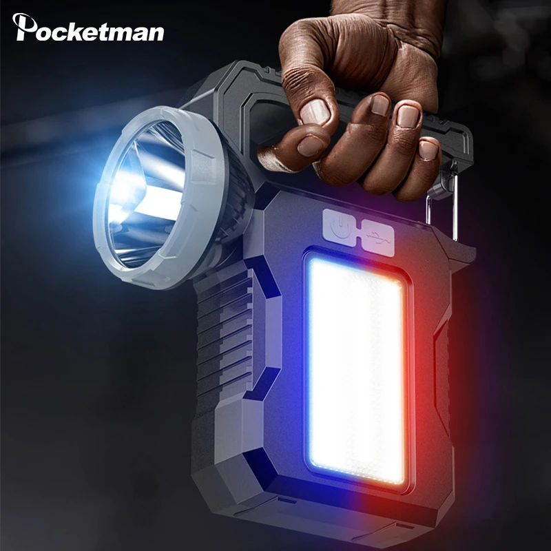 Outdoor Portable Searchlight Super Bright Long Range Solar Charging Flashlight Red/Blue Warning Lights Type-C Rechargeable Torch