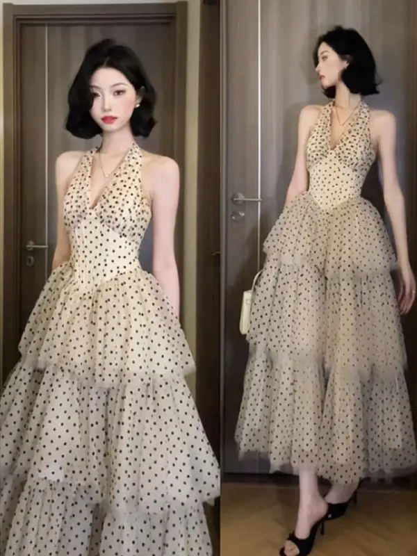 

Gentle Wind Unique Beautiful Hanging Ne Strap Dr Polka Dot Puffy Skirt Spring Summer Women's Faion Cotton Dr