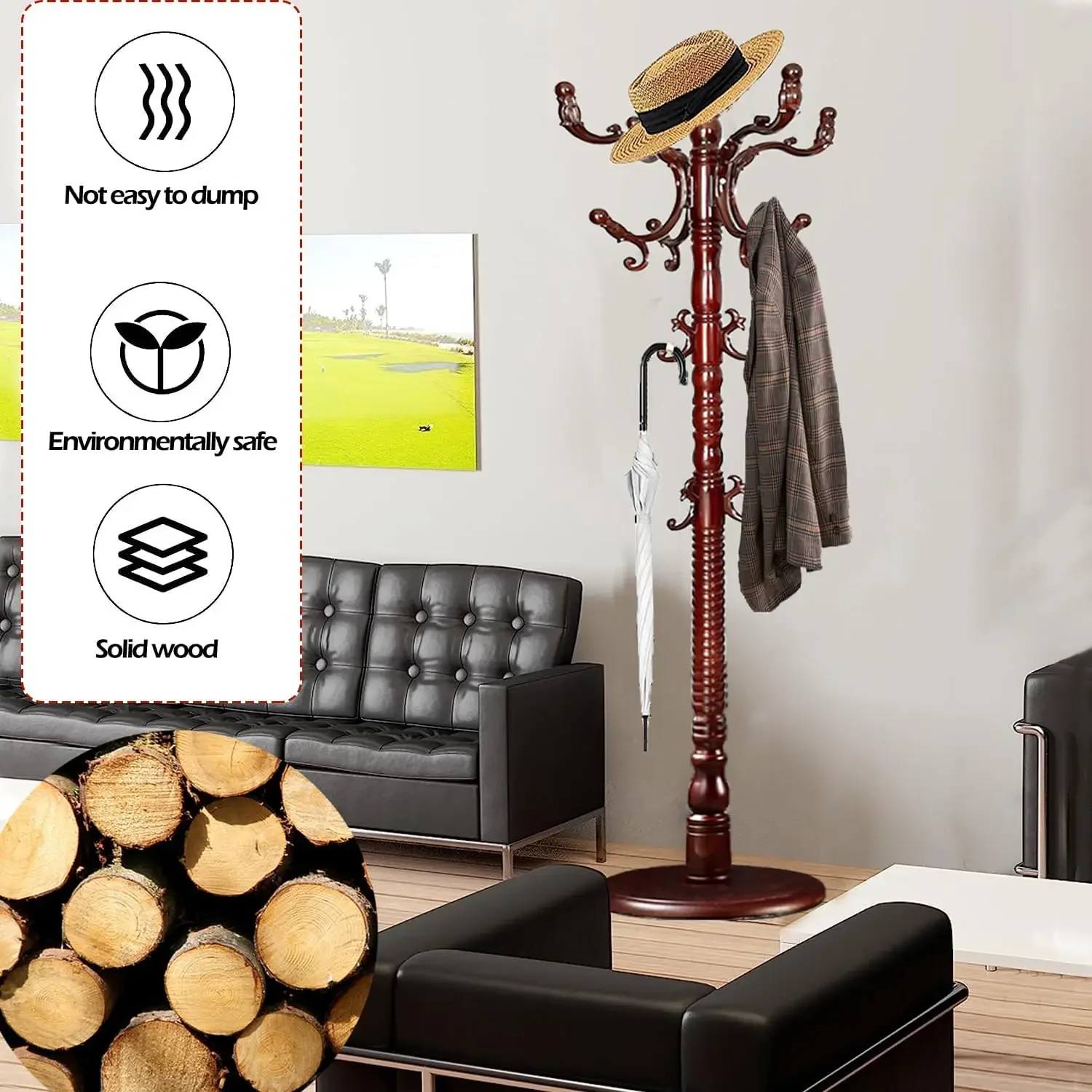 Free Standing with 14 Hooks, Natural Wood Coat Stands for Entryway, Adjustable Height 73 in Tree Coat Rack Stand for Hallway