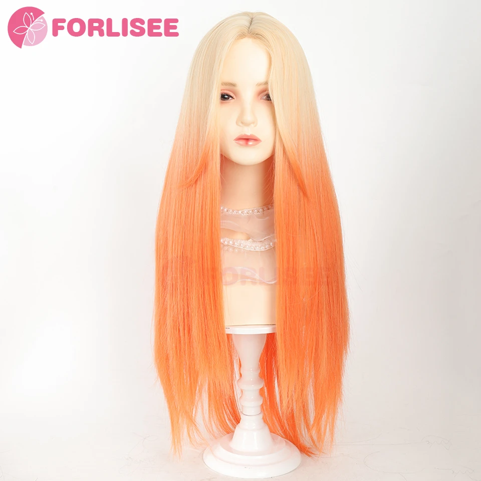 FORLISEE-peruca dianteira reta longa do laço para mulheres, cabelo sintético, sem cola, gradiente de laranja