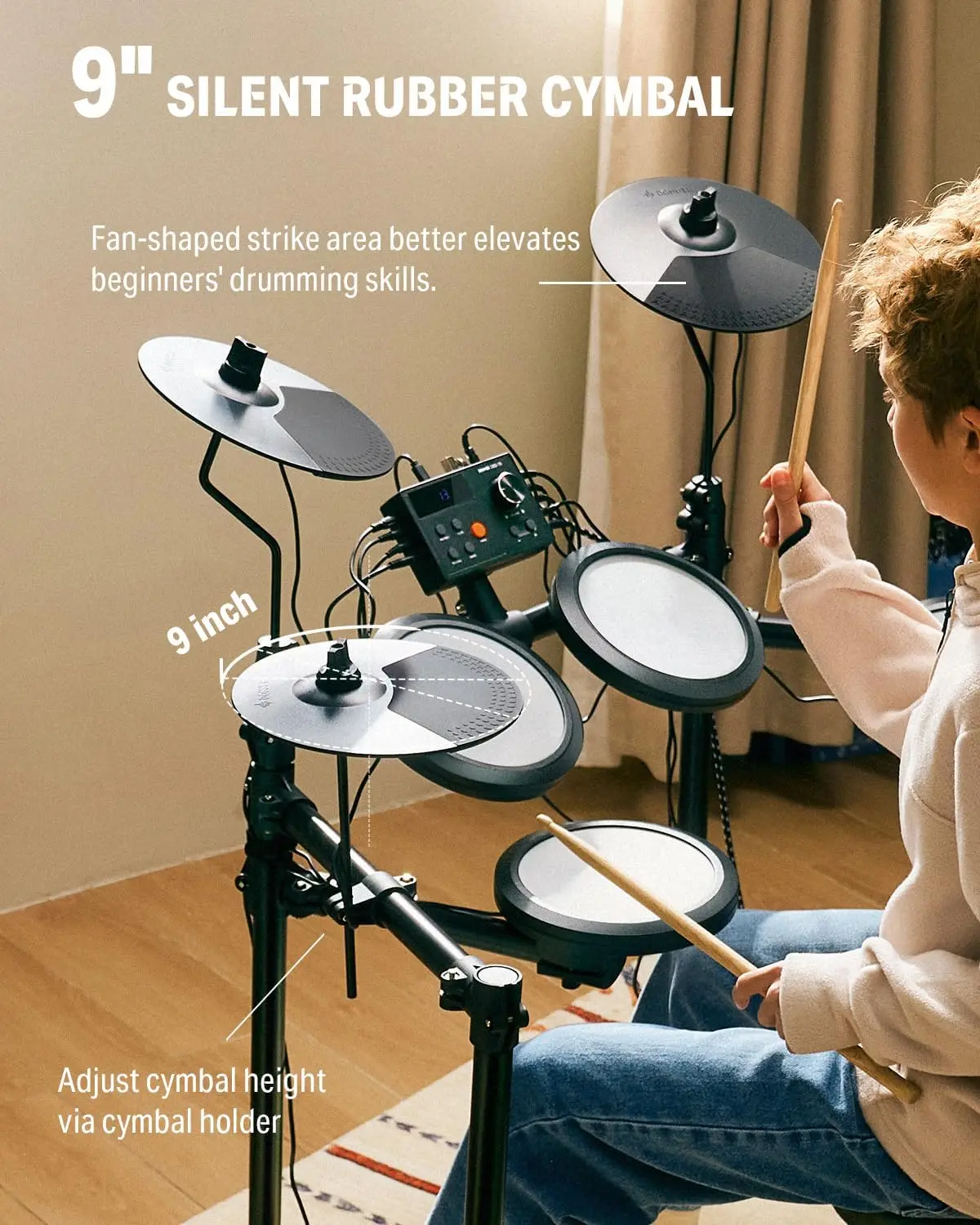 Batería electrónica con 150 sonidos, 4 almohadillas de malla silenciosas, platillos de 9", USB MIDI, carga tipo C, 2 pedales, trono, auriculares, baquetas