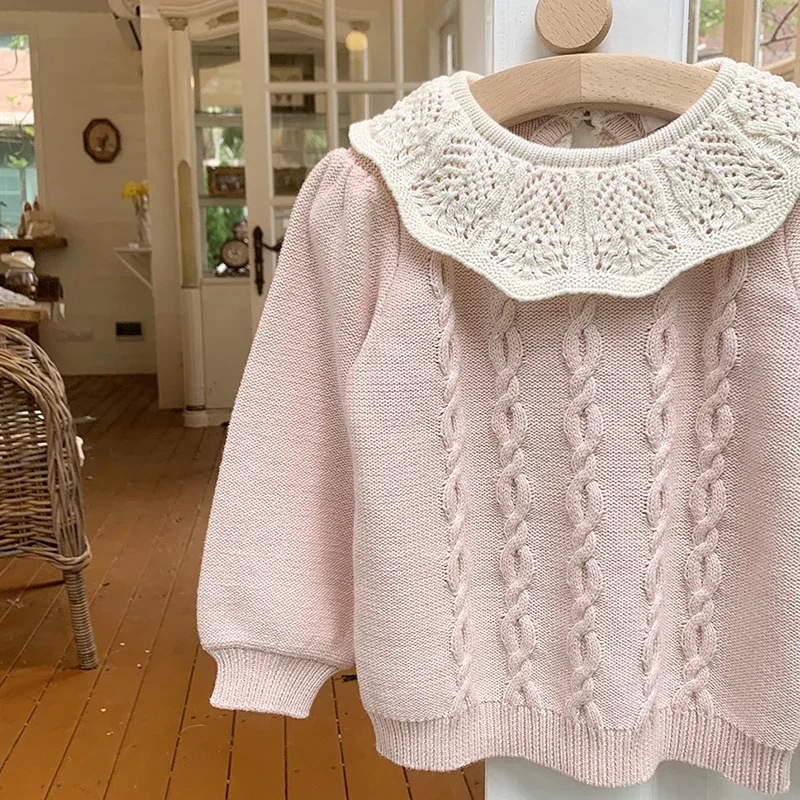 Girls Pink Sweater Baby Girls Winter Sweater Clothes Lotus Collar Autumn 1-7Yrs Infant Clothing Pullover Knitted Kids Sweaters