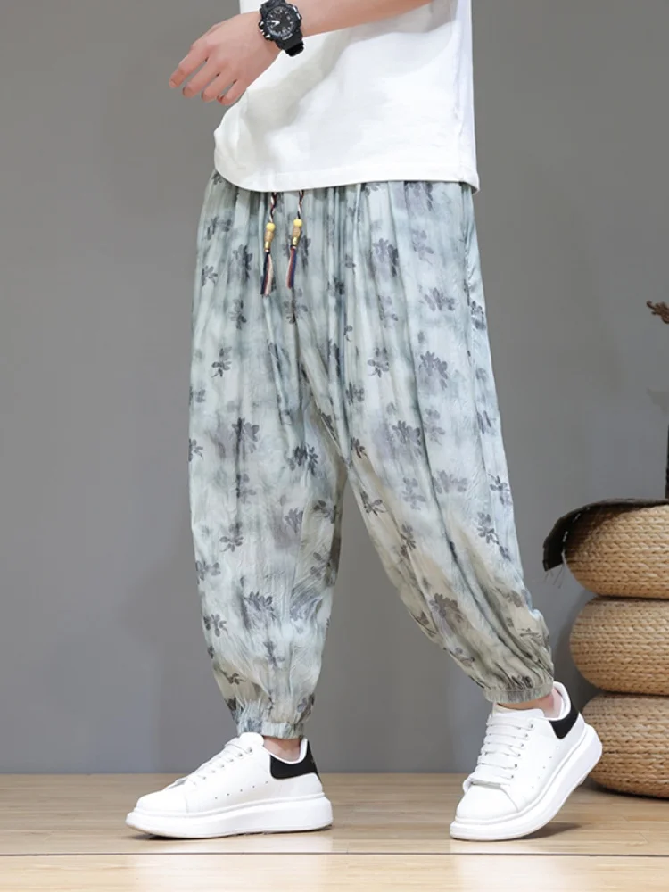 

Мужские летние тонкие свободные брюки из ледяного шелка, повседневные прямые брюки-харлан, большие размеры, удобные свободные брюки-фонарики