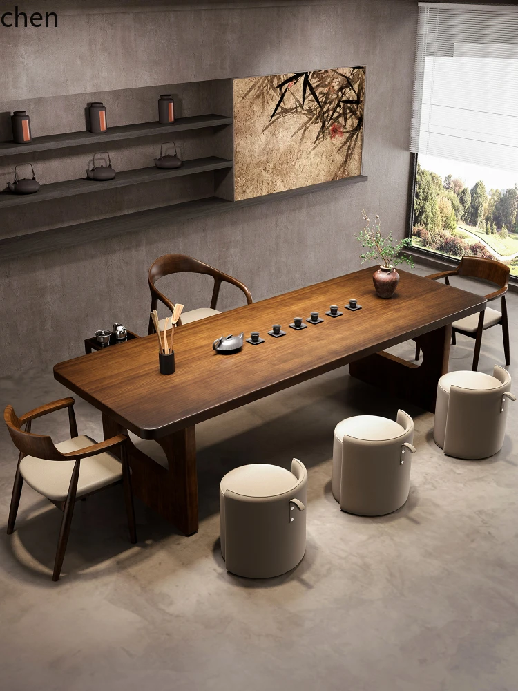 Solid Wood Large Board Tea Table and Chair Set Office Natural Wood Living Room Home Tea Table