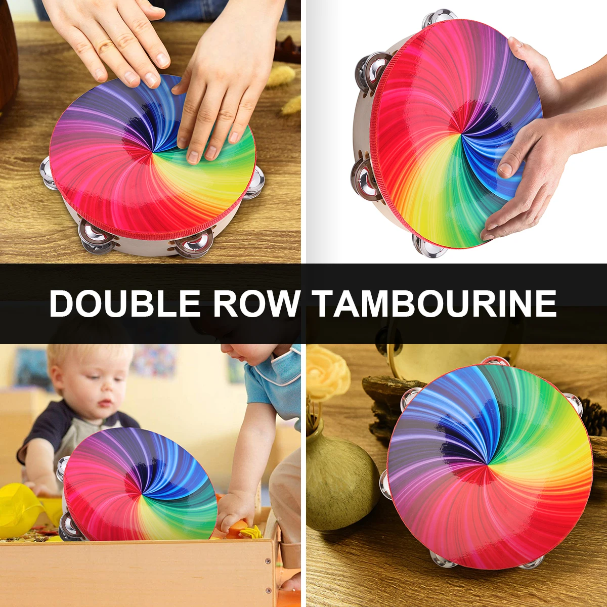 

8 Inch Wooden Laser Drum Double Row Tambourine Hand Percussion Toy Musical Instrument Band Concert Party Dancing