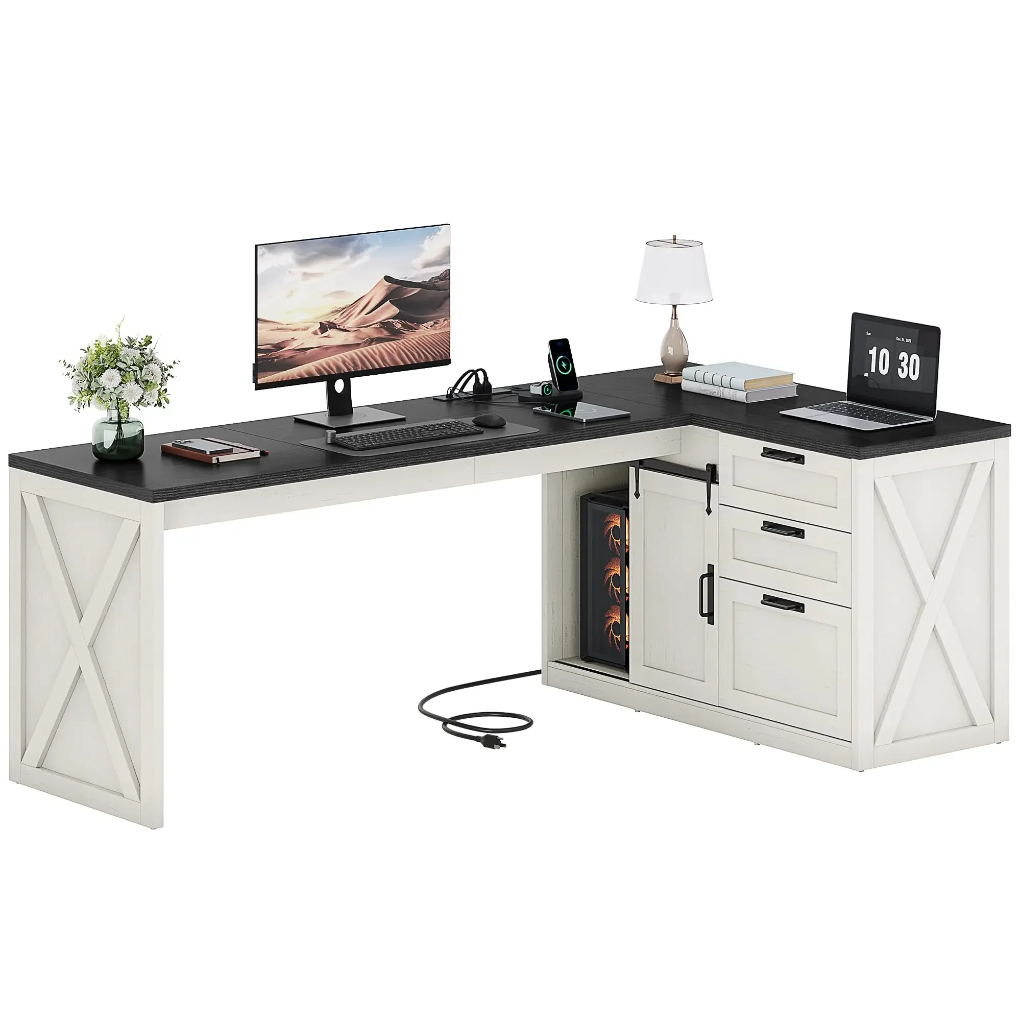 

78.7 Inch L-Shaped Farmhouse Executive Desk With Drawers File Cabinet Power Outlets Sliding Door Storage Corner Computer Desk
