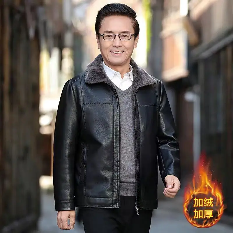 

Middle-aged and elderly men's leather jackets for autumn and winter, men's casual fur jackets with fleece and thickened fur