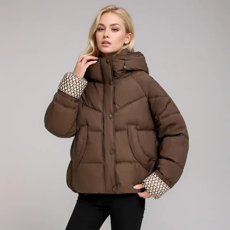

Printed Female's Winter Jacket Stand Collar Single Breasted Pockets Women's Padded Coat Versatile Color Blocked Coat For