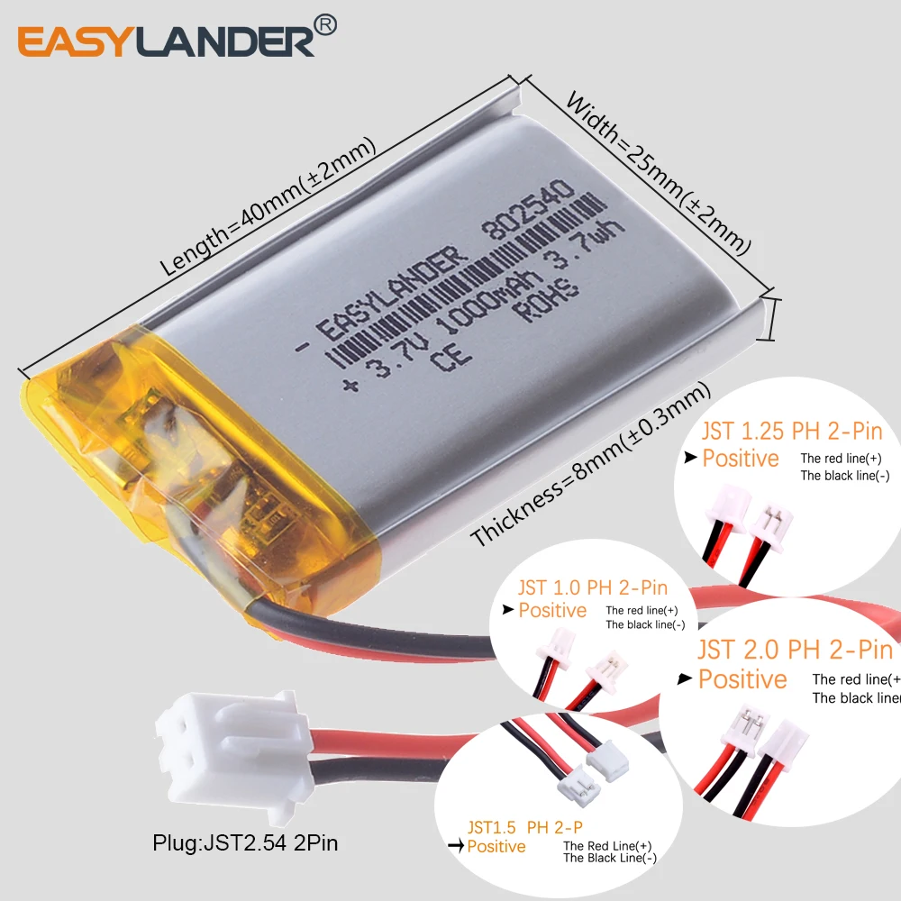 JST2.54 2Pin 802540 3,7 V 1000 mAh wiederaufladbarer Li-Polymer-Li-Ionen-Akku Lipo-Akkus