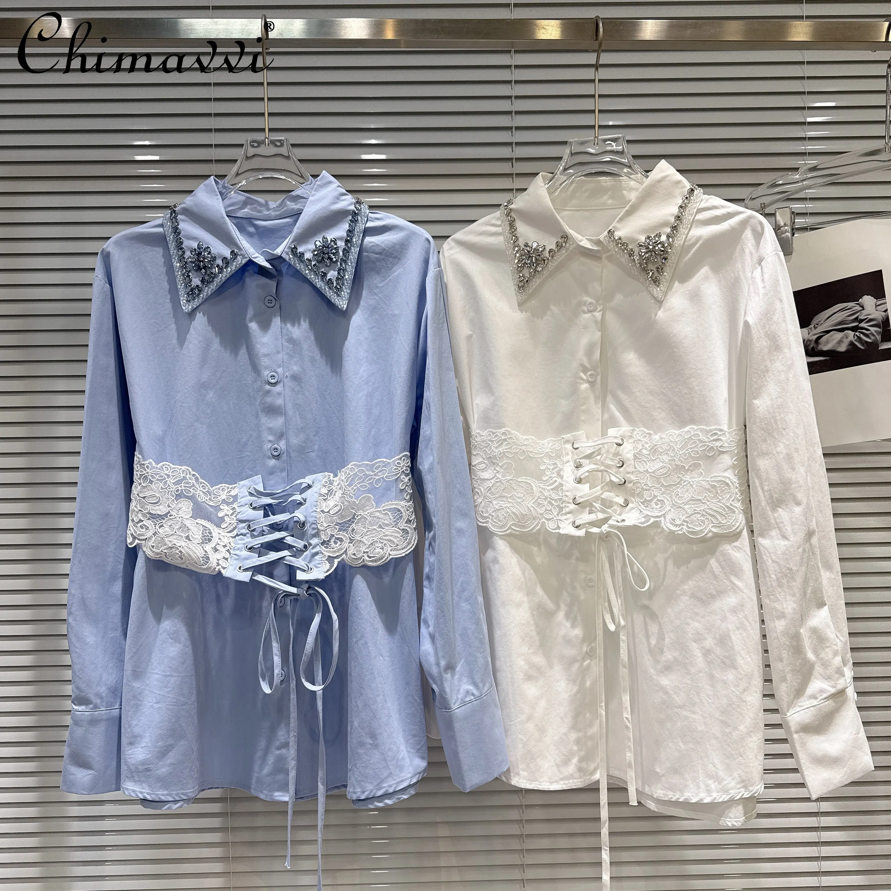 

Женские блузки и рубашки с длинным рукавом в французском стиле, элегантные, модные, с воротником-поло, стразами, кружевом на талии, на одной пуговице, весна 2026