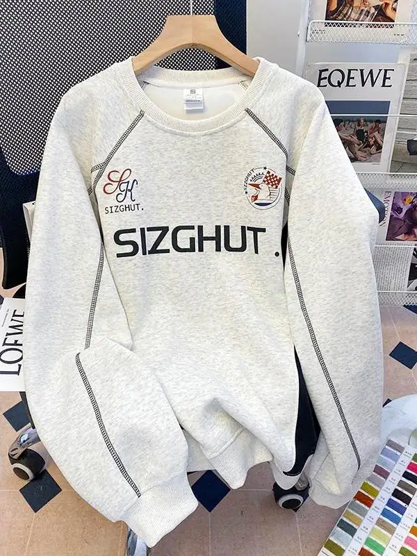 

Slimming Effect Long Sleeve round Neck Hoodless Sweatshirt Women's Loose Fit Korean Style plus Size Versatile Spring Autumn T...