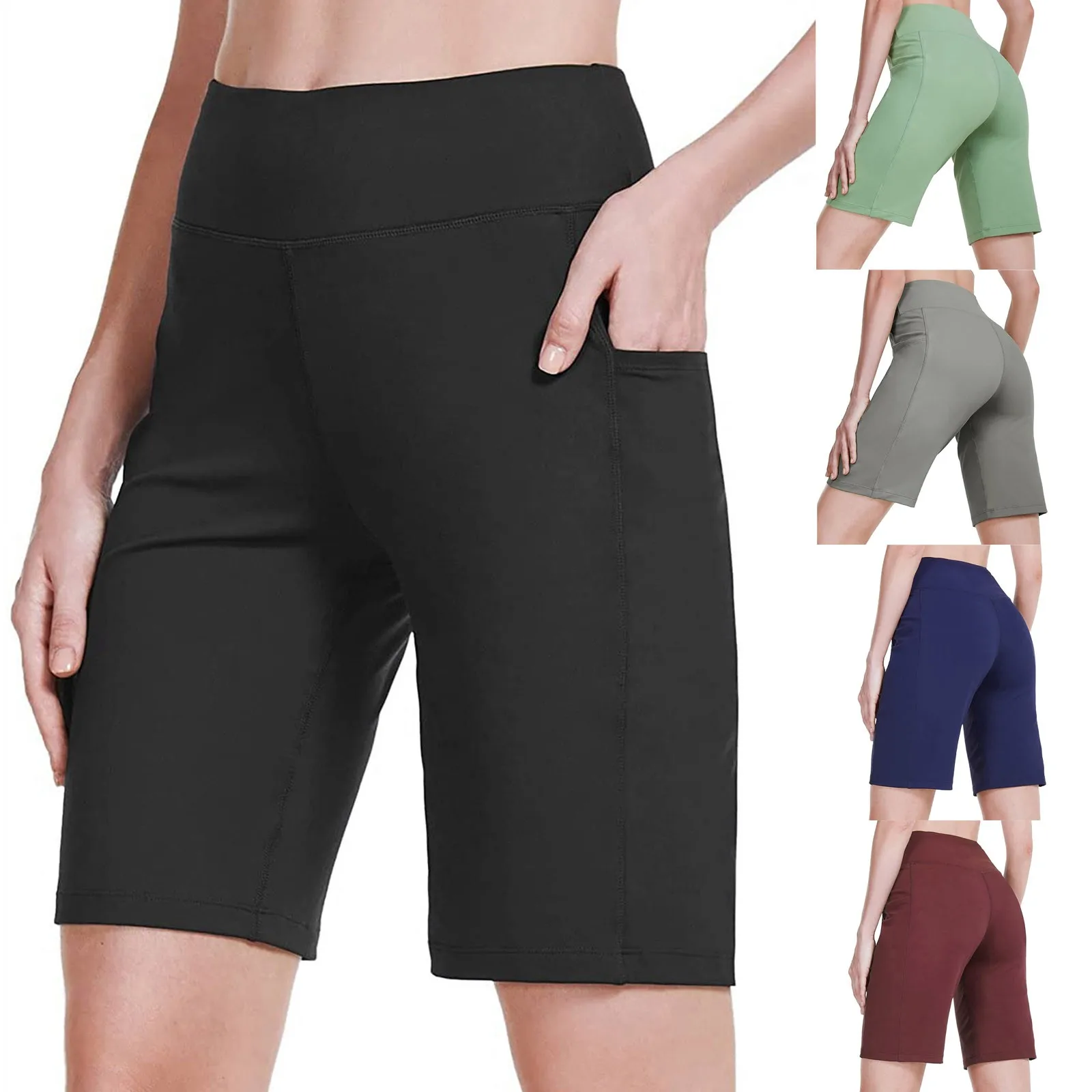 High Waist Shorts Women Yoga Side Pocket Knee Length Activewear Fitness Biker Bottoms Sports Casual Fitness Yoga Workout 2026 T1