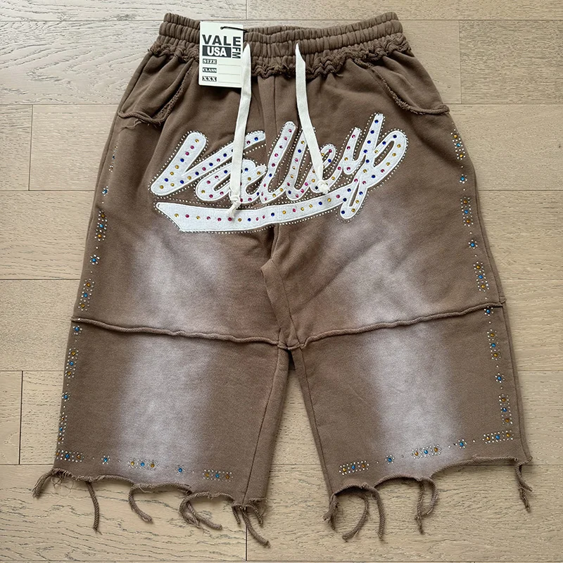 Unisex VALLEY Frayed Raw Edge Rhinestone Valley Script Drawstring Casual Shorts