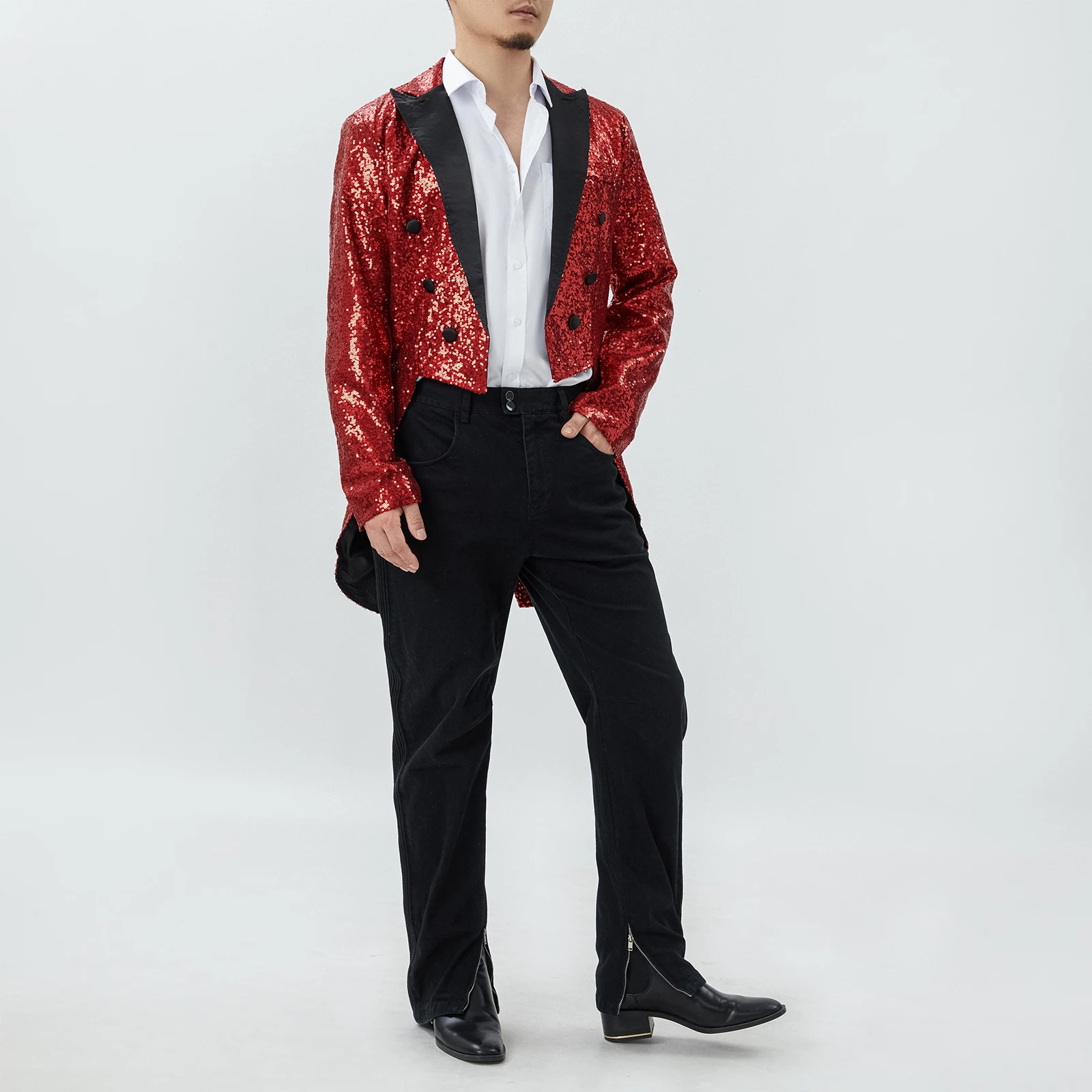 Men's Suit, Shiny Sequins Turn-Down Collar Long Sleeve Nightclub Prom Swallow-Tailed Tuxedo for Male